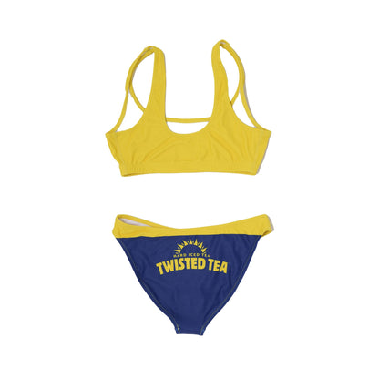 Yellow and blue bikini set with 'Twisted Tea' branding on a white background