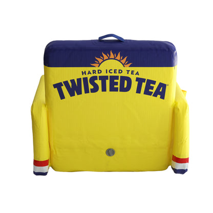 Backside of yellow inflatable Twisted Tea party chair. Base of arms have a red white and blue line design