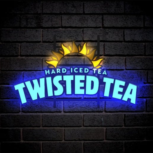 LED light with a hard iced tea twisted tea logo. From top to bottom is a yellow neon LED semi circle sun, followed by "Hard Iced Tea" in all caps small blue LED text, and "TWISTED TEA" in much larger LED text glowing at the bottom.