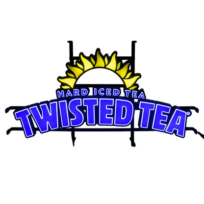 LED light with a hard iced tea twisted tea logo. From top to bottom is a yellow neon LED semi circle sun, followed by "Hard Iced Tea" in all caps small blue LED text, and "TWISTED TEA" in much larger LED text glowing at the bottom.