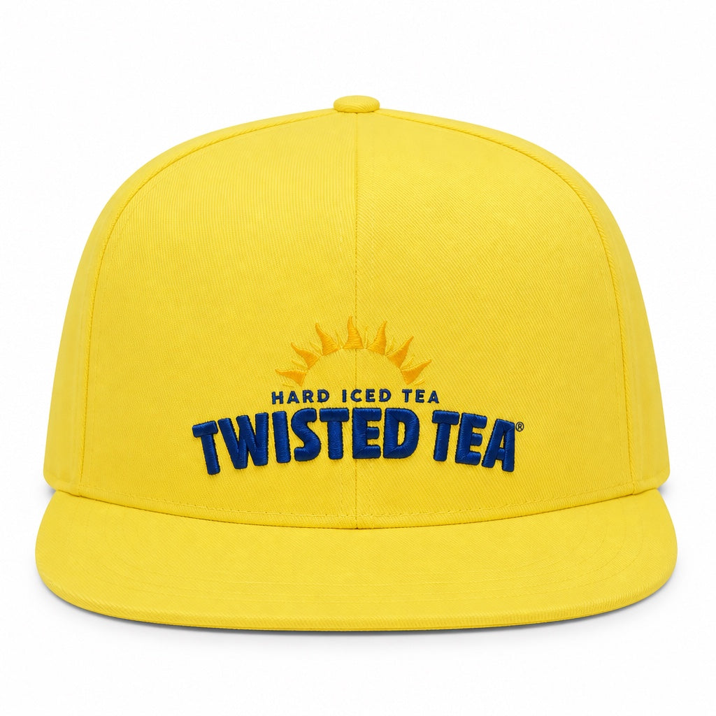 A yellow hat against a white background. There is a sunburst design across the top with "Hard Iced Tea Twisted Tea" written in blue underneath.