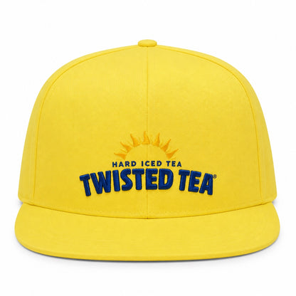 A yellow hat against a white background. There is a sunburst design across the top with "Hard Iced Tea Twisted Tea" written in blue underneath.