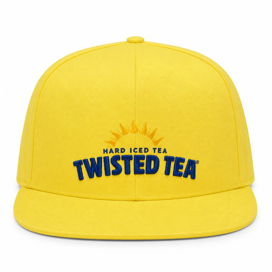 A yellow hat against a white background. There is a sunburst design across the top with "Hard Iced Tea Twisted Tea" written in blue underneath.