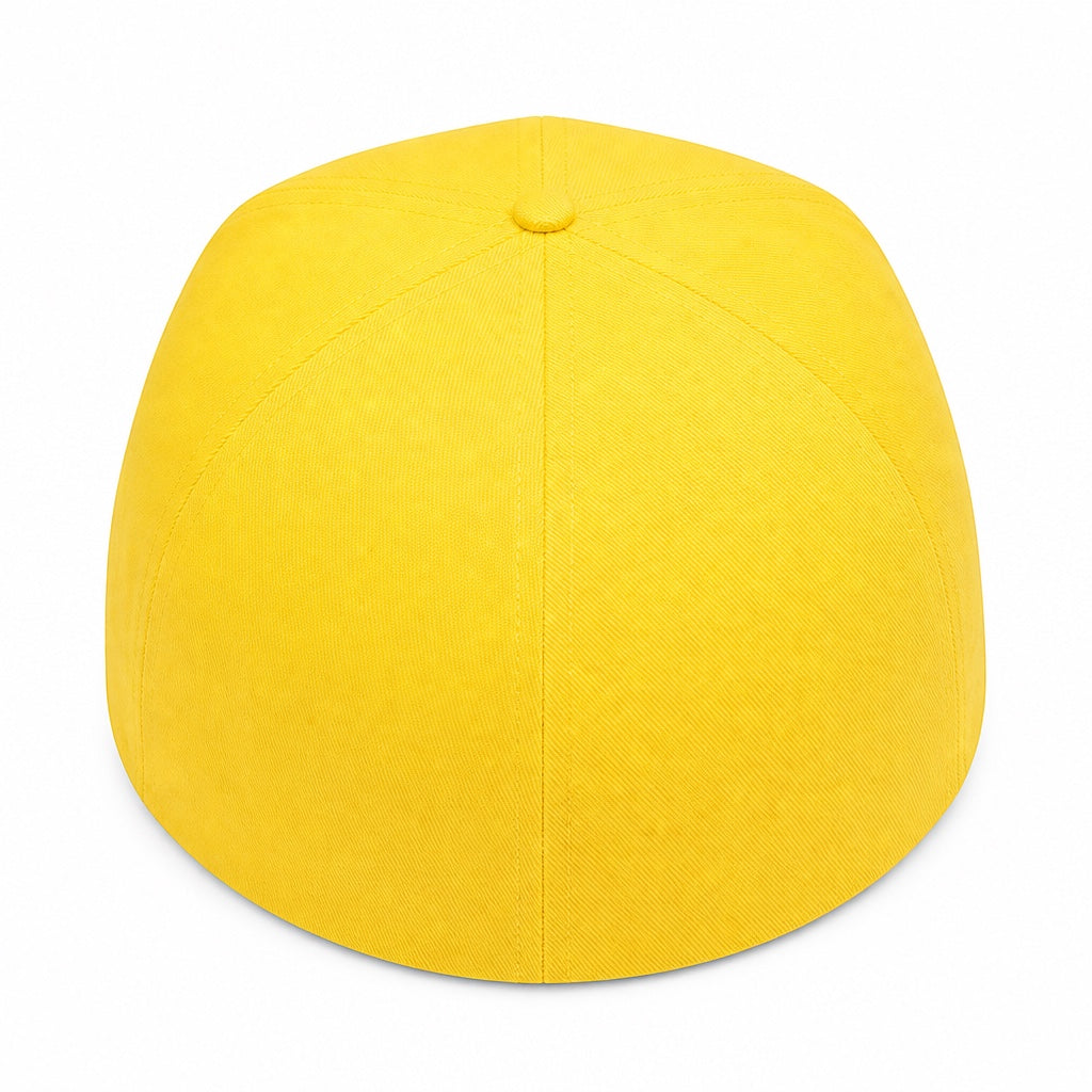 The back view of a yellow hat against a white background. 