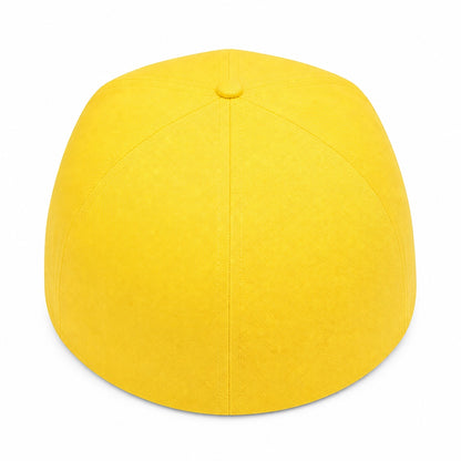 The back view of a yellow hat against a white background. 