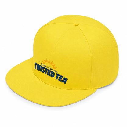 A yellow hat against a white background. There is a sunburst design across the top with "Hard Iced Tea Twisted Tea" written in blue underneath. This is a side view. 