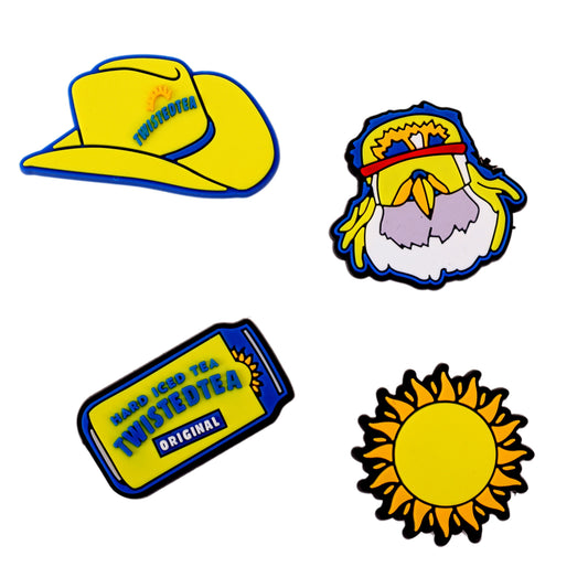 Front of four shoe charms featuring, cowboy hat with Twisted Tea sun logo, Twisted Tea can, a sun, and the Twisted Tea eagle.