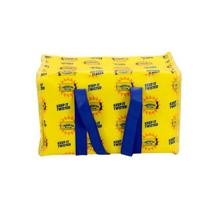 Yellow bag with blue handles featuring 'Keep It Twisted' text on a white background