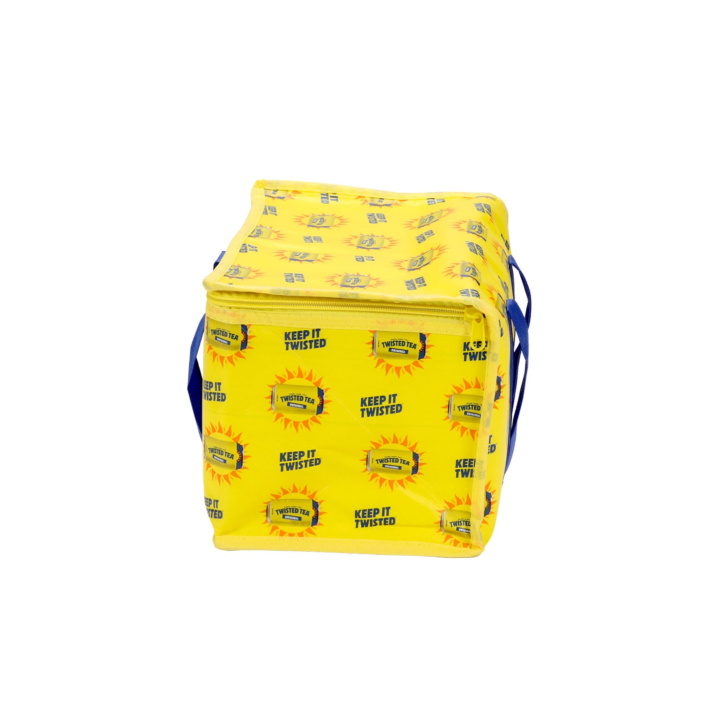 Yellow cooler bag with 'Keep It Twisted' design on a white background