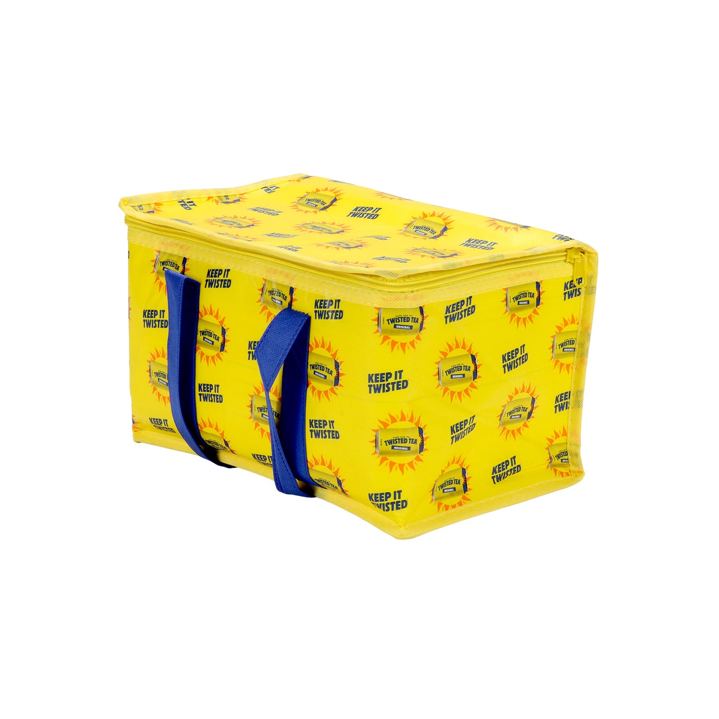 Yellow cooler bag with blue handles featuring a brand logo on a white background
