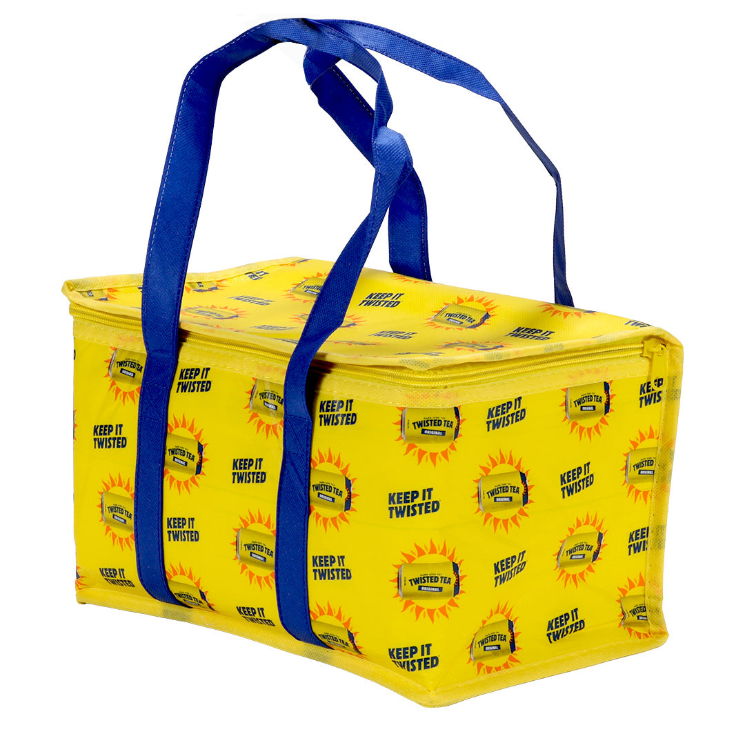 Yellow bag with blue handles featuring Twisted Tea packaging on a white background