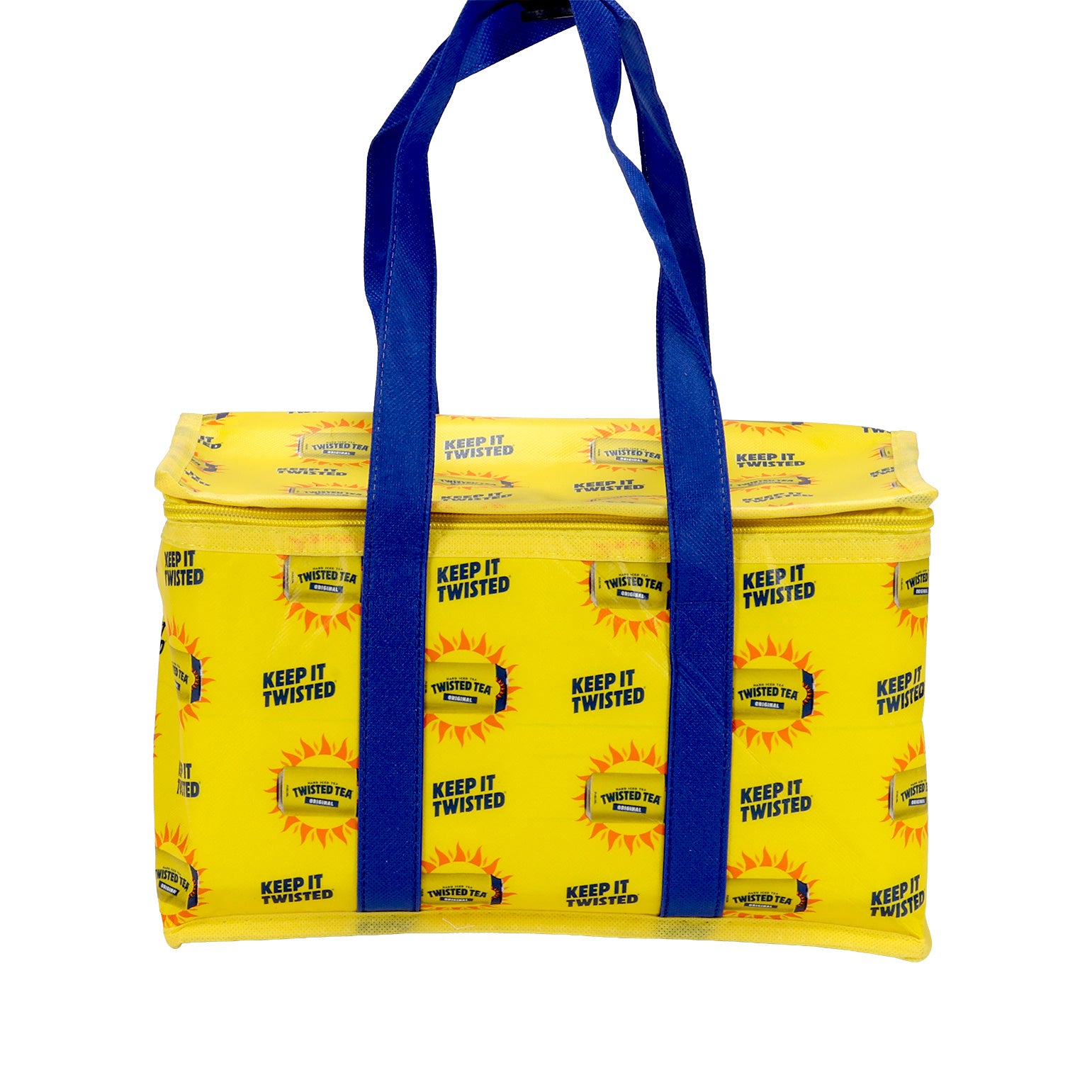 Yellow bag with blue handles featuring 'Keep It Twisted' text and logo.