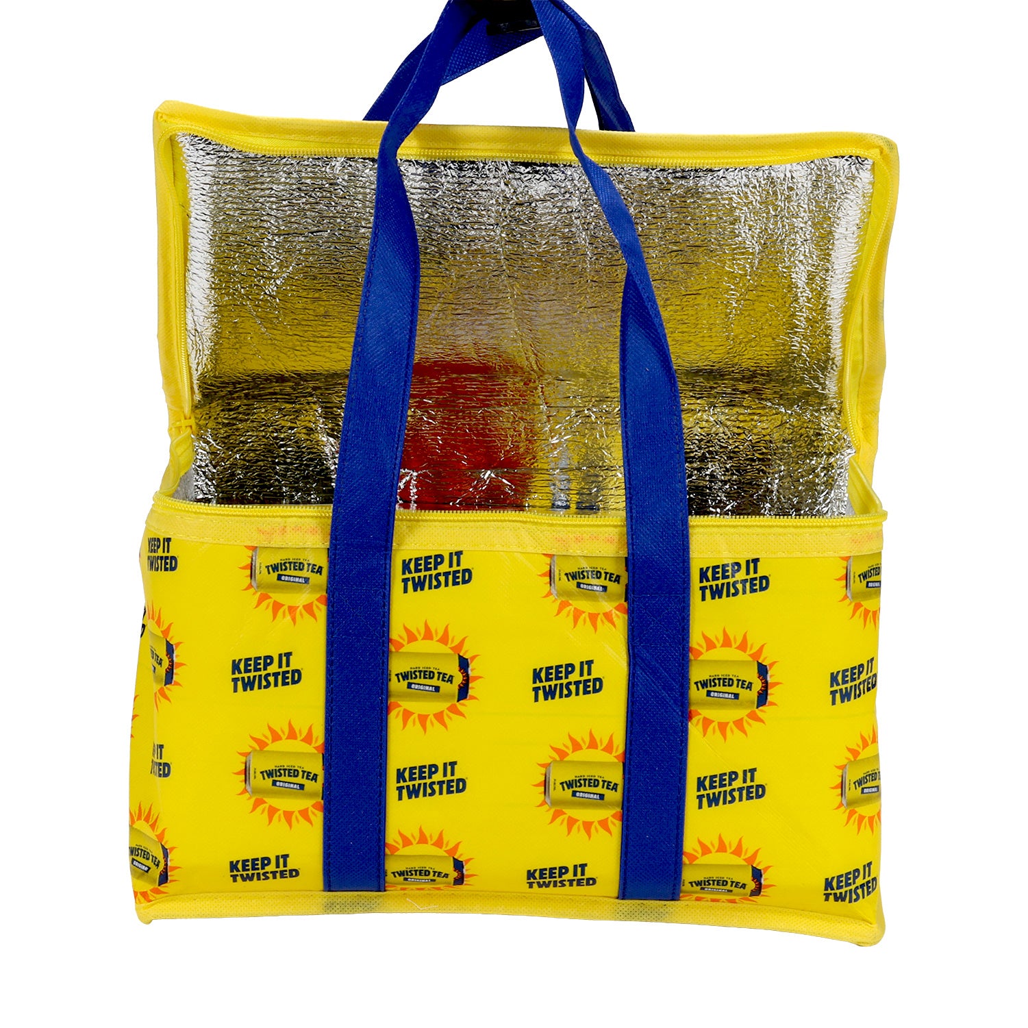 Yellow insulated tote bag with blue handles featuring 'Keep It Twisted' branding.