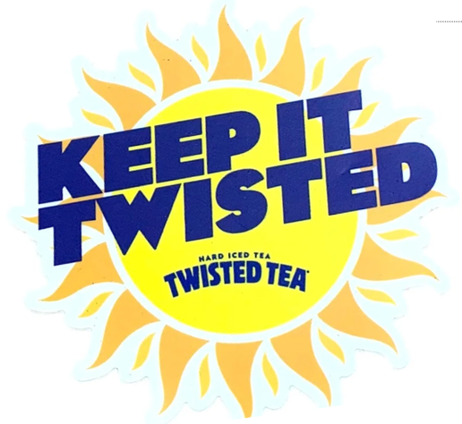 Twisted Tea ‘Keep It Twisted’ sticker with bold blue lettering on a bright yellow sunburst background