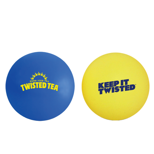 Close-up of ping pong balls. One is blue with the Twisted Tea logo. The other is yellow with writing "Keep it Twisted".