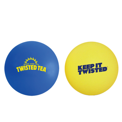 Close-up of ping pong balls. One is blue with the Twisted Tea logo. The other is yellow with writing "Keep it Twisted".