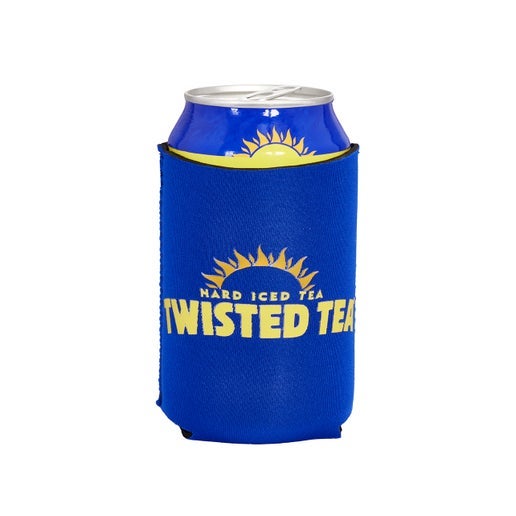 Close-up of blue can cooler featuring Twisted Tea logo.