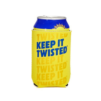 Close-up of yellow can cooler. Features writing "Keep it Twisted" on it in blue.