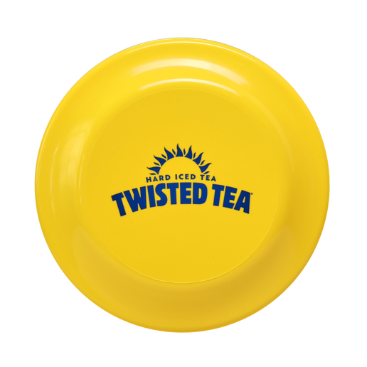 Close-up of yellow frisbee with Twisted Tea logo on it.
