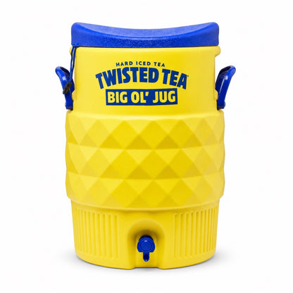 A yellow cooler against a white background. The cooler has "Hard Iced Tea, Twisted Tea" written in blue across the top and "Big Ol'Jug" in yellow cutout text in a blue rectangle. There is a diamond pattern across the middle of the jug and a narrow vertical lined pattern around the bottom. There are blue accents: the lid, handles and spigot. 