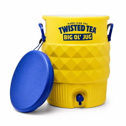 A yellow cooler against a white background. The cooler has "Hard Iced Tea, Twisted Tea" written in blue across the top and "Big Ol'Jug" in yellow cutout text in a blue rectangle. There is a diamond pattern across the middle of the jug and a narrow vertical lined pattern around the bottom. There are blue accents: the lid, handles and spigot. The blue lid is off and resting on the side of the jug.