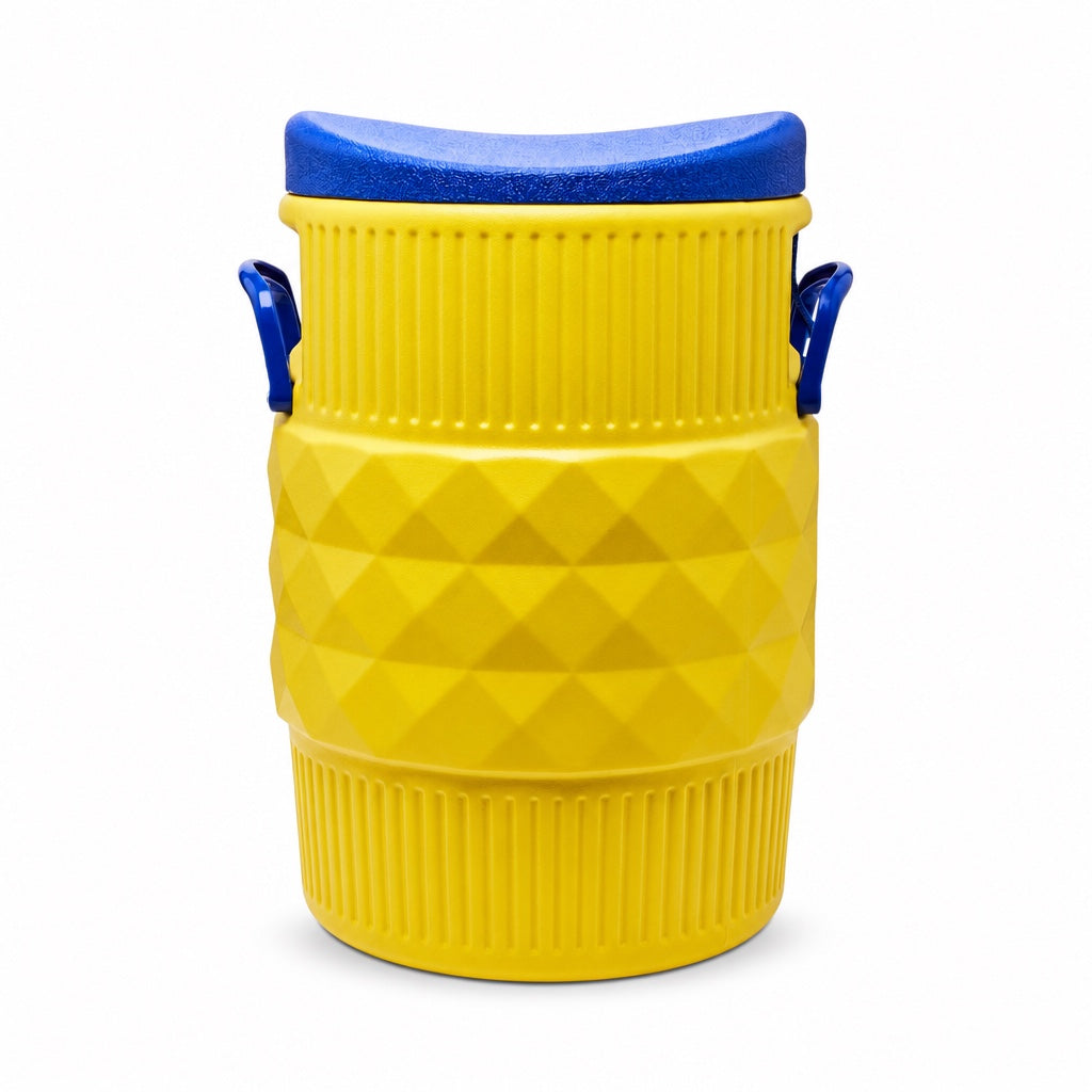 A yellow cooler against a white background.  There is a diamond pattern across the middle of the jug and a narrow vertical lined pattern around the bottom. There are blue accents: the lid and handles. This is a back view. 
