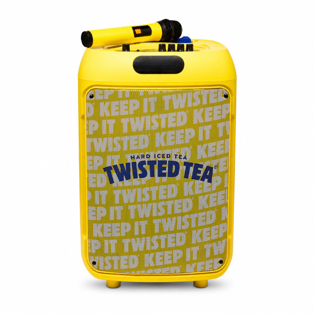 A yellow rectangular speaker against a white background. There is a yellow and black microphone resting on top of the speaker. The microphone has one orange button. There is a small blue shape next to the microphone and 5 black cone like shapes in front of it. The body of the speaker has the text "Keep It Twisted" written in a white repeat pattern as a background. The center foreground has "Hard Iced Tea Twisted Tea" written in blue. 