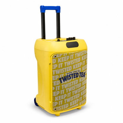 A yellow rectangular speaker against a white background.  There are black buttons and an oval shape toward the top of the speaker. The body of the speaker has the text "Keep It Twisted" written in a white repeat pattern as a background. The center foreground has "Hard Iced Tea Twisted Tea" written in blue. The pull handle is black and blue and is pulled up. This is a side view and a partial wheel can be seen. 