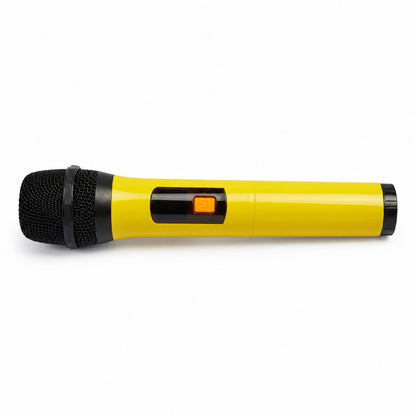 A microphone against a white background. The microphone is yellow with a black mesh top and thing black bottom. There is an orange button in a black rectangle toward the top center. 