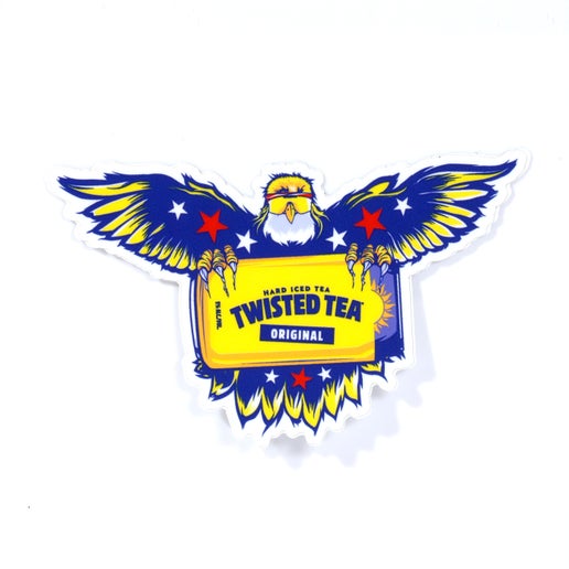 Twisted Teagle sticker featuring a stylized eagle holding a Twisted Tea Original can, illustrated in bold blue, yellow, and red colors with star accents.
