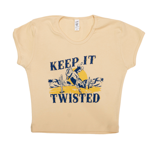 Beige t-shirt with graphic design and 'Keep It Twisted' text on a white background