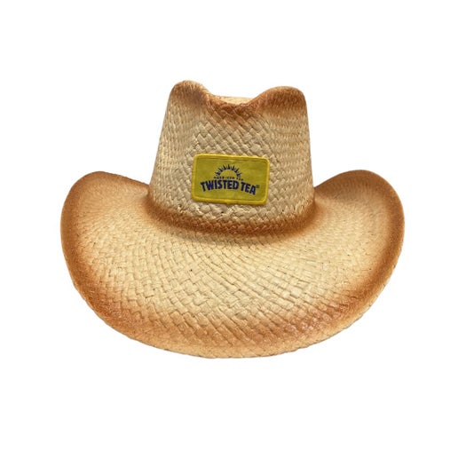 Front view of the YeeHaw Cowboy Hat, a woven straw-style hat featuring a Twisted Tea logo patch on the front and a slightly curved brim