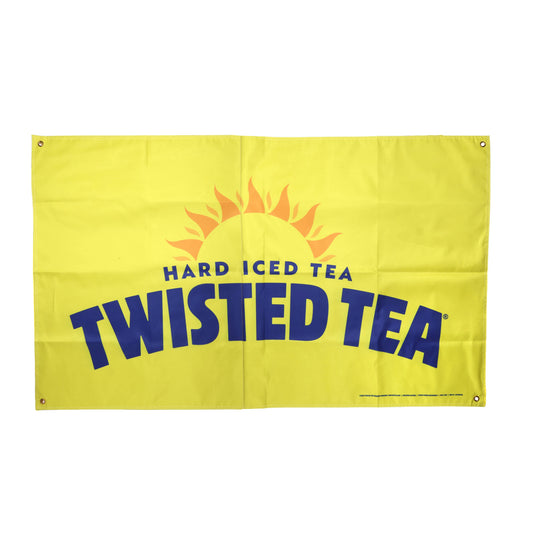 Yellow flag with Twisted Tea logo featuring blue text and orange sun design.