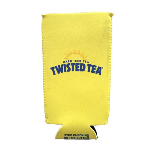 Yellow Twisted Tea can cooler with the Twisted Tea logo and sun graphic printed on the front, featuring a small message at the bottom that reads ‘Stop Checking Out My Bottom.