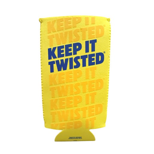 Yellow can cooler with a bold blue ‘Keep It Twisted’ slogan printed on the back, surrounded by a repeating lighter yellow version of the same text.