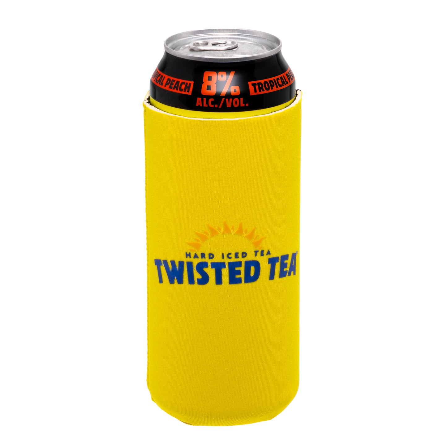 Twisted tea extreme tropical peach can in a Yellow Twisted Tea can cooler with the Twisted Tea logo and sun graphic printed on the front
