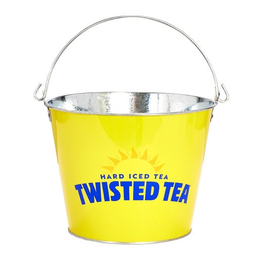 Yellow metal Twisted Tea ice bucket with a silver interior and a curved metal handle, featuring the Twisted Tea logo and sunburst graphic on the front.