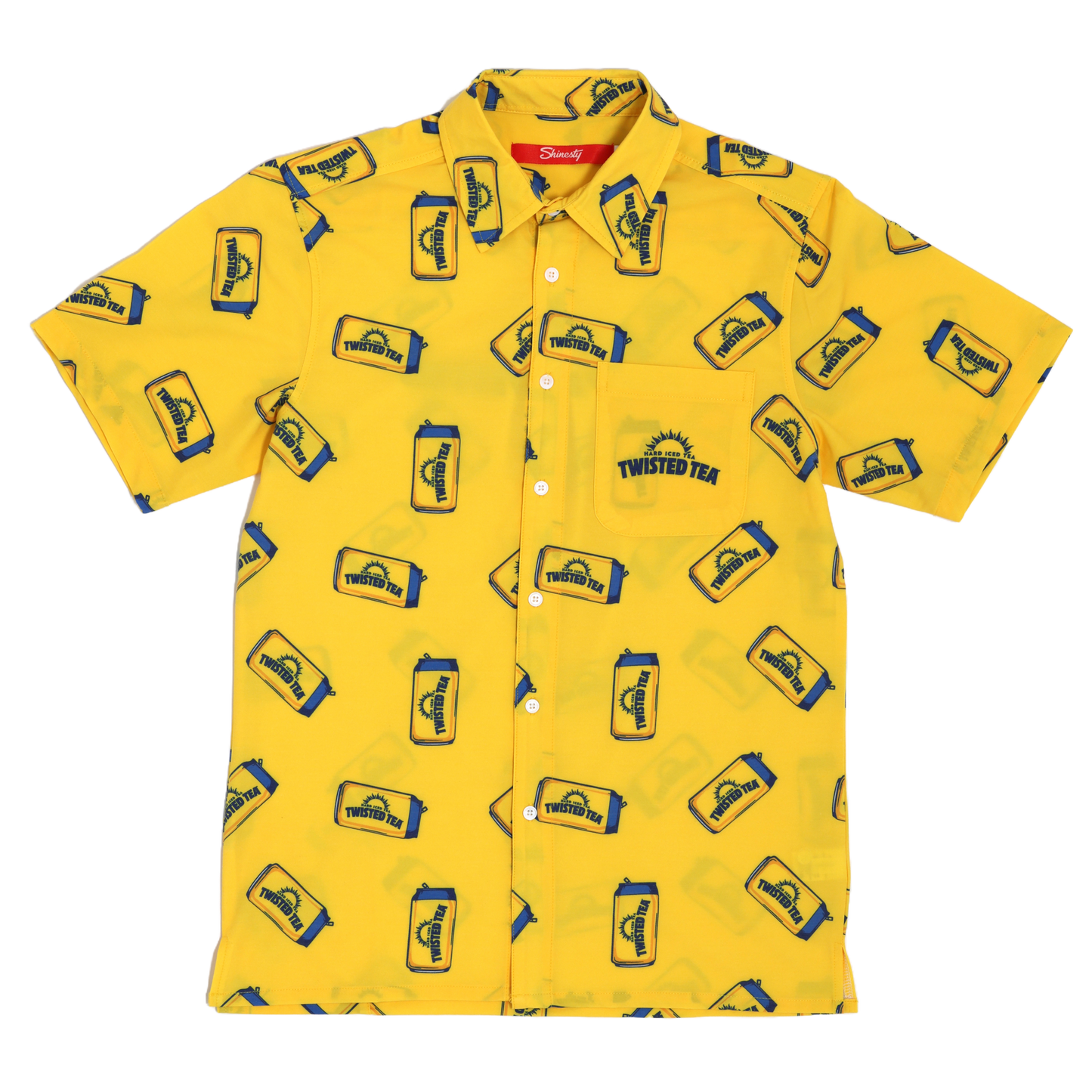 Yellow shirt with Twisted Tea logo and branding on a white background