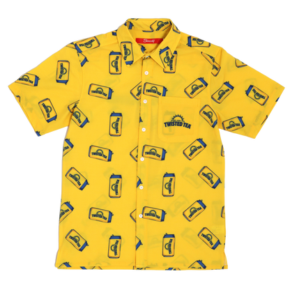 Yellow shirt with Twisted Tea logo and branding on a white background