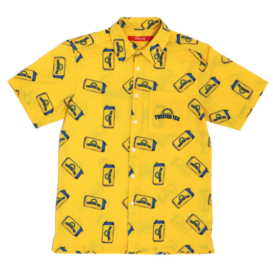 Yellow shirt with Twisted Tea logo and branding on a white background