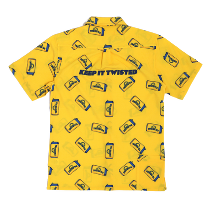 Yellow shirt with graphic design and text 'Keep It Twisted' on a white background