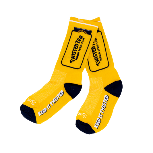 Yellow socks with black accents and 'Twisted Tea' branding on a white background