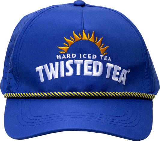Blue cap with Twisted Tea logo on a white background
