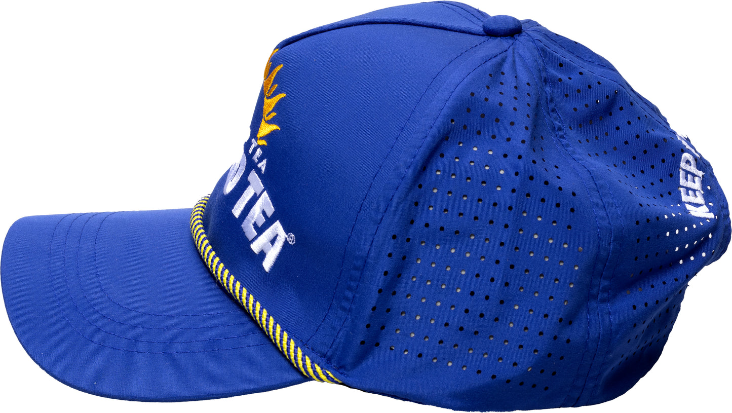Side and back view of a blue Twisted Tea baseball cap with perforated mesh panels, curved brim, rope detail, and embroidered logo accents.