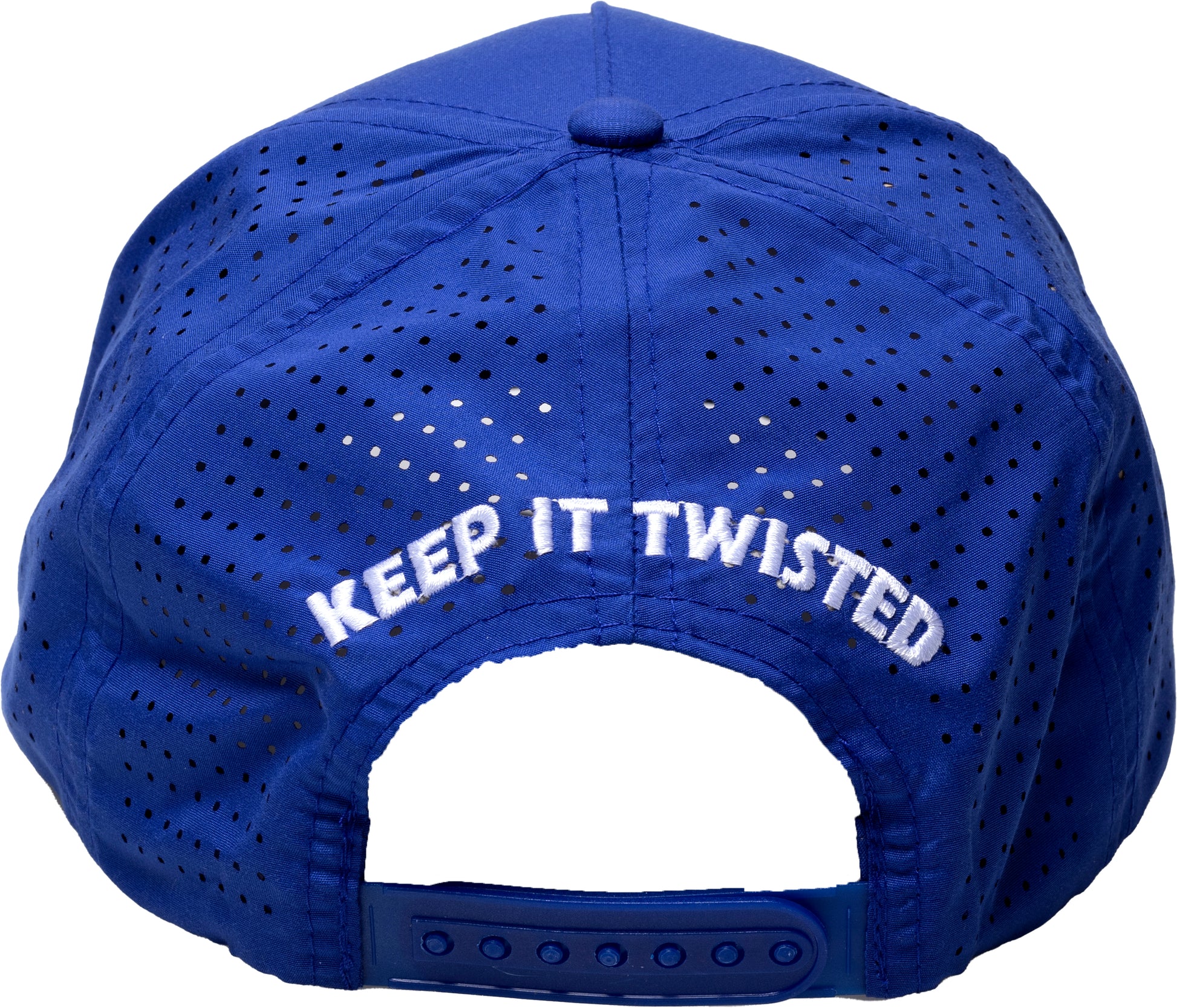 Back view of a blue perforated Twisted Tea baseball cap with adjustable snap closure and white embroidered “Keep It Twisted” text.