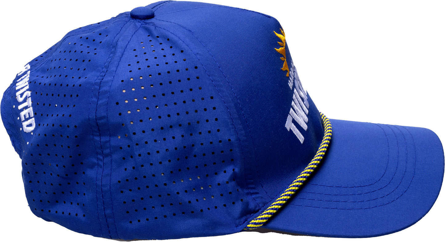 Side and back view of a blue Twisted Tea baseball cap with perforated mesh panels, curved brim, rope detail, and embroidered logo accents.